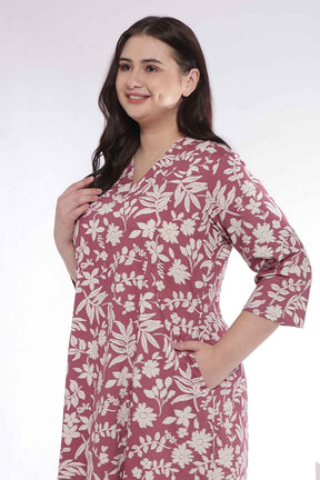 Plus Size Purple Taupe Floral Print Cotton Midi Dress
