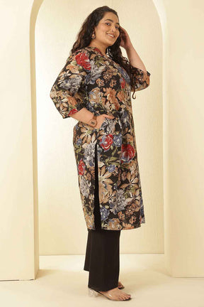 Plus Size Elegant Black Floral Print V-Neck Rayon Muslin Kurta