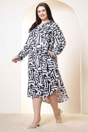 Plus Size Black & White Geometric Print Cotton Shirt Dress