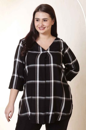 Plus Size Black & White Checkered V-Neck Rayon Twill Top