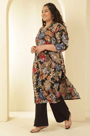 Plus Size Elegant Black Floral Print V-Neck Rayon Muslin Kurta