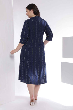 Plus Size Dark Blue Weave Work Cotton Midi Dress