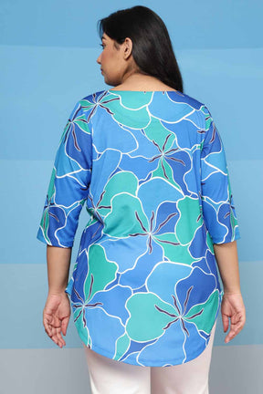 Plus Size Blue Green Abstract Centre Pleat Top