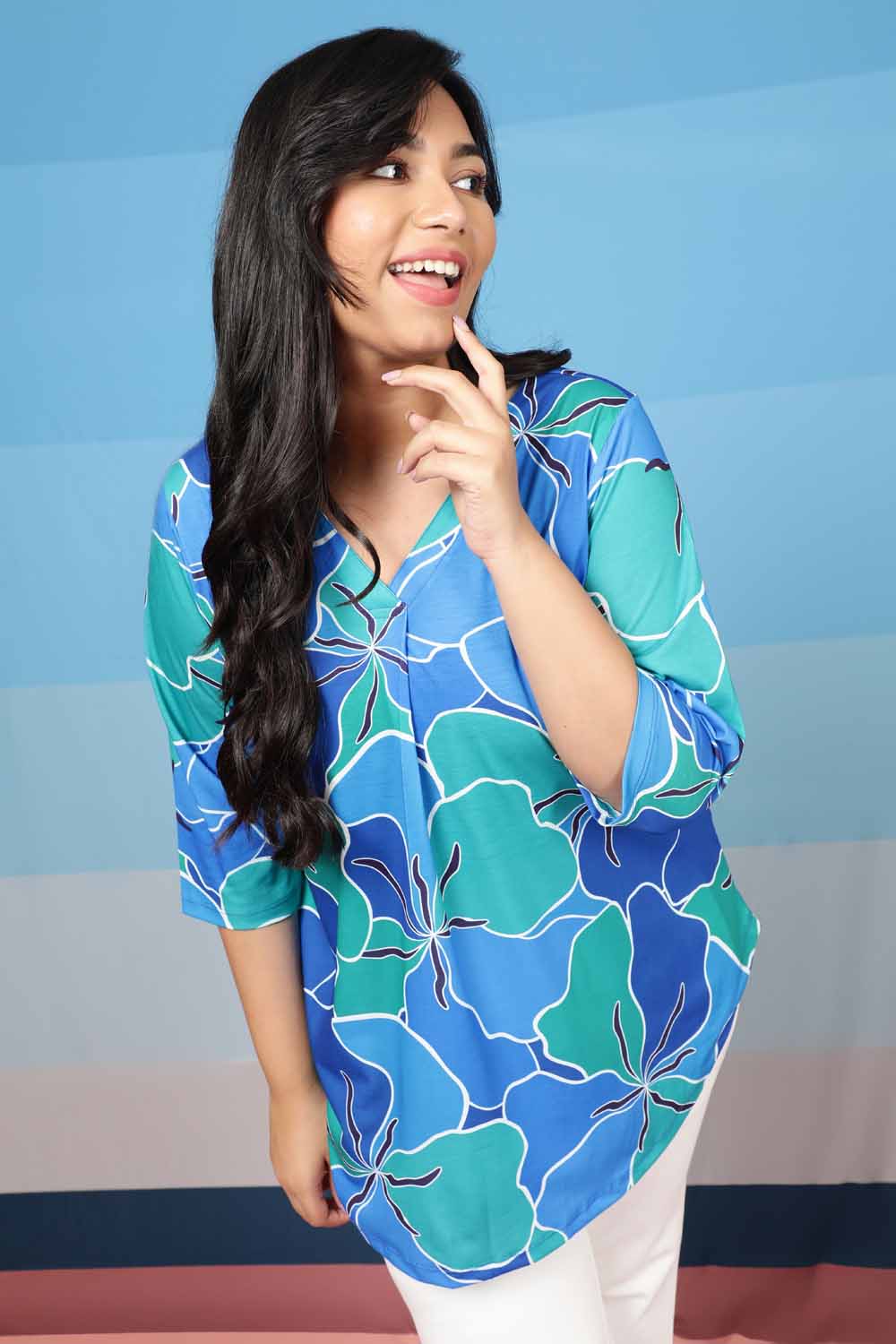 Plus Size Blue Green Abstract Centre Pleat Top