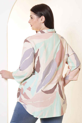 Plus Size Multi-Color Abstract Print Cuban Collar Rayon Shirt