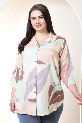 Plus Size Multi-Color Abstract Print Cuban Collar Rayon Shirt