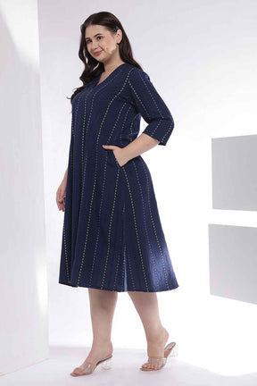 Plus Size Dark Blue Weave Work Cotton Midi Dress