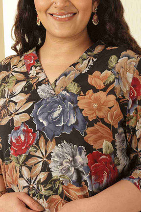 Plus Size Elegant Black Floral Print V-Neck Rayon Muslin Kurta