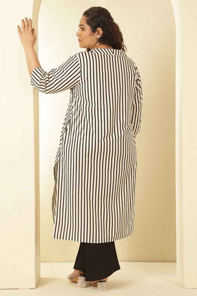 Plus Size Black & White Striped Cotton V Neck Kurta