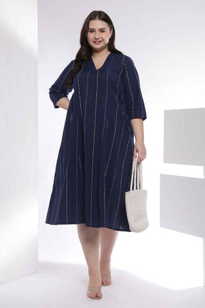 Plus Size Dark Blue Weave Work Cotton Midi Dress