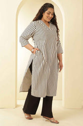 Plus Size Black & White Striped Cotton V Neck Kurta