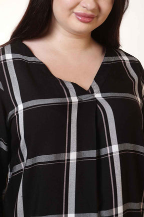 Plus Size Black & White Checkered V-Neck Rayon Twill Top