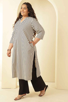 Plus Size Black & White Striped Cotton V Neck Kurta