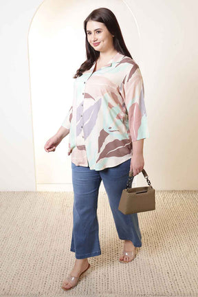 Plus Size Multi-Color Abstract Print Cuban Collar Rayon Shirt