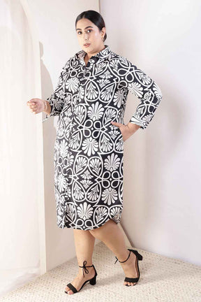 Plus Size Black & White Floral Print Cotton Shirt Dress