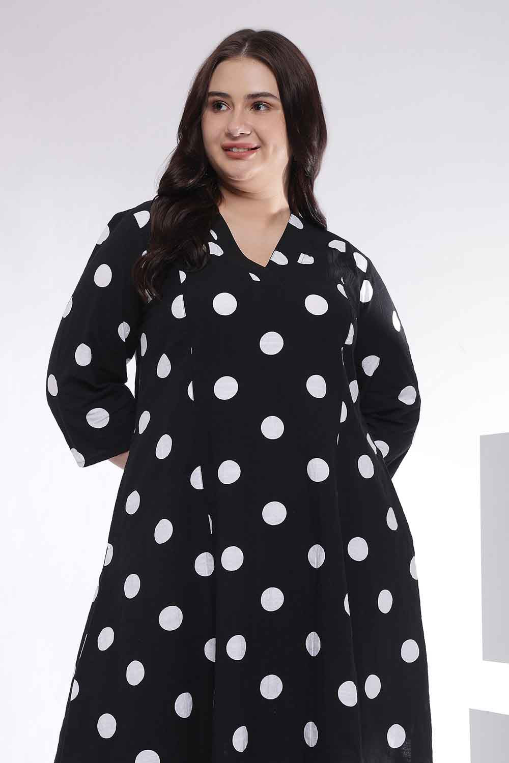 Plus Size Black Polka Print Cotton Midi Dress