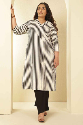 Plus Size Black & White Striped Cotton V Neck Kurta