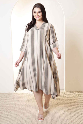Plus Size Olive Stripe Cotton Midi Dress