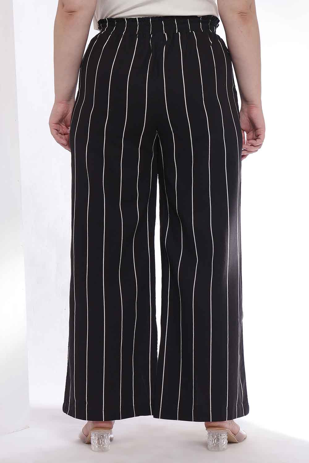 Vertical Striped Black Striped Trousers Outfit Plus Size Black