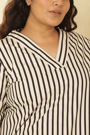 Plus Size Black & White Striped Cotton V Neck Kurta