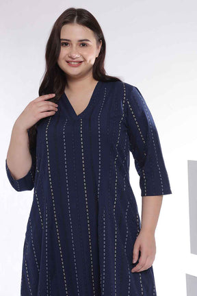 Plus Size Dark Blue Weave Work Cotton Midi Dress