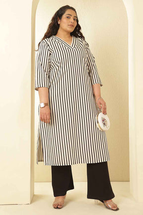 Plus Size Black & White Striped Cotton V Neck Kurta