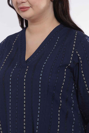 Plus Size Dark Blue Weave Work Cotton Midi Dress