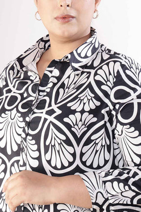 Plus Size Black & White Floral Print Cotton Shirt Dress