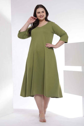 Plus Size Moss Green  A-Line Cotton Dress