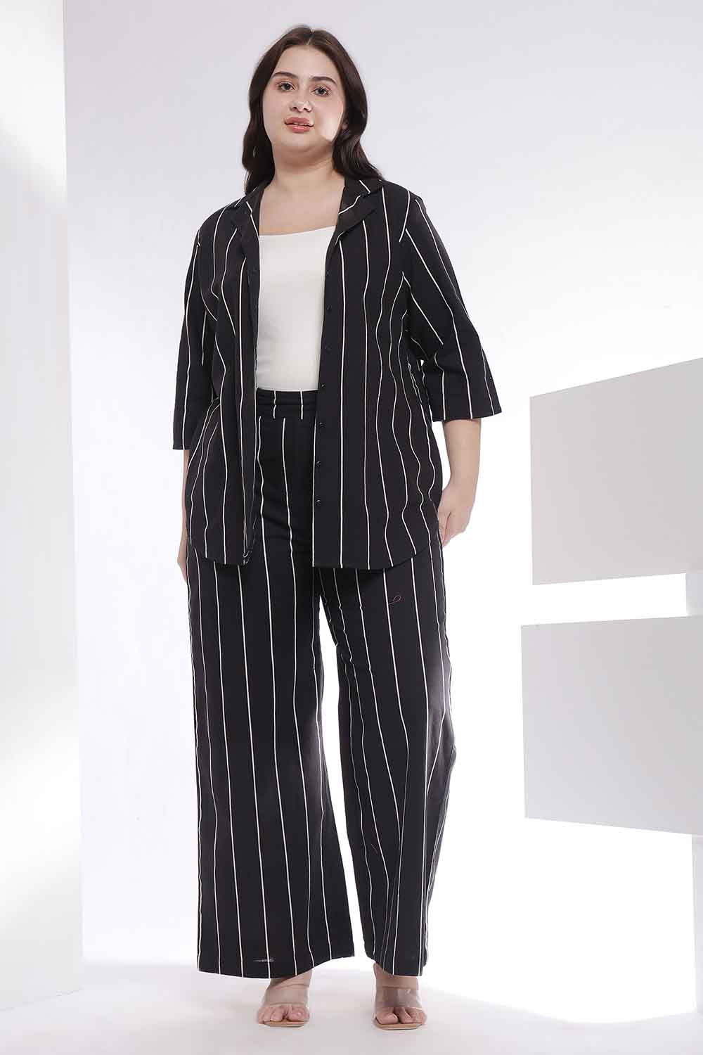 Plus Size Black Vertical Stripe Shirt Coord Set