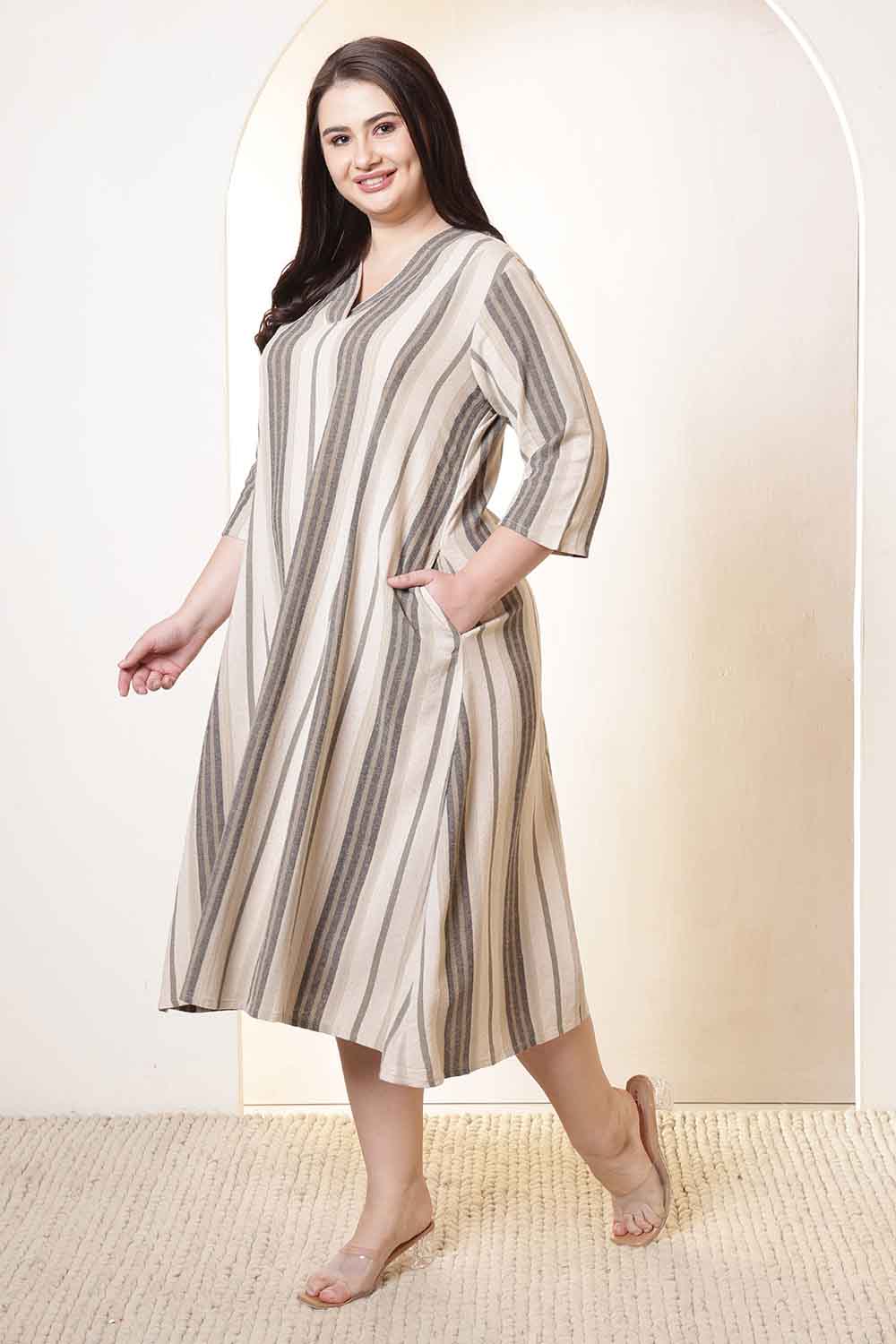 Plus Size Olive Stripe Cotton Midi Dress