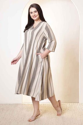 Plus Size Olive Stripe Cotton Midi Dress