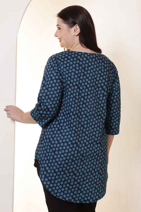 Plus Size Navy & Teal Polka Print V Neck Cotton Top