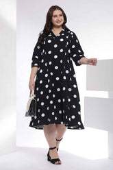 Plus Size Black Polka Print Rayon Midi Dress