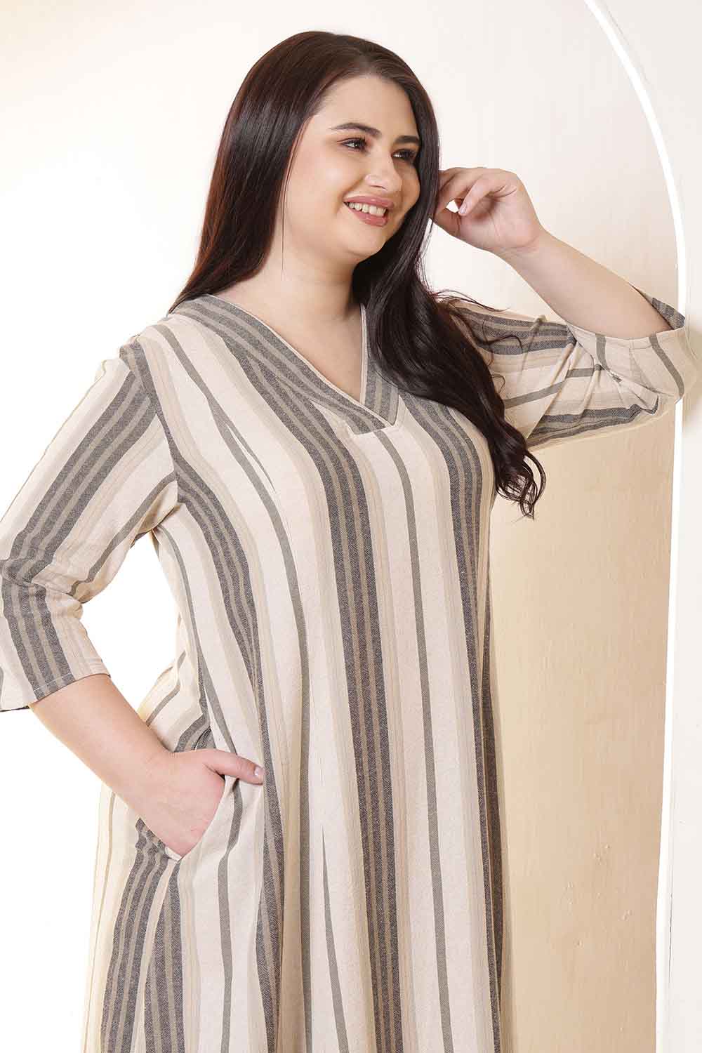 Plus Size Olive Stripe Cotton Midi Dress