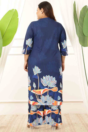 Plus Size Blue Floral V Neck Kurta Coord Set