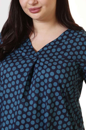 Plus Size Navy & Teal Polka Print V Neck Cotton Top