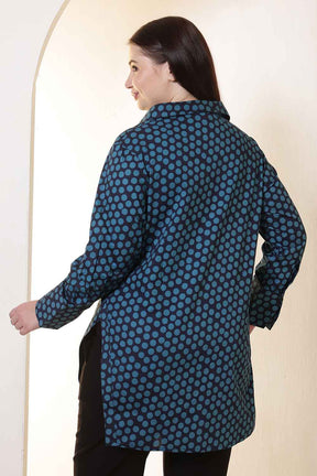 Plus Size Navy & Teal Polka Print High Slit Styled Cuff Cotton Shirt