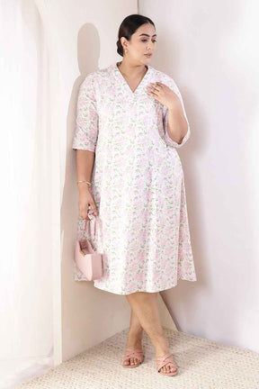 Plus Size Pink Floral Cotton Midi Dress