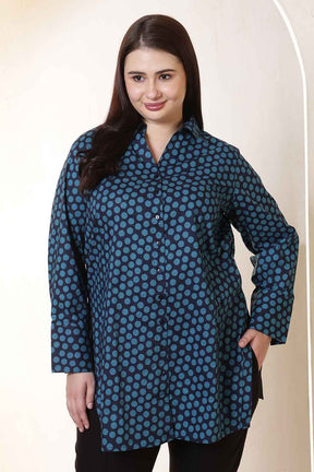 Plus Size Navy & Teal Polka Print High Slit Styled Cuff Cotton Shirt