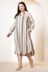 Plus Size Beige & Grey Striped Cotton Shirt Dress
