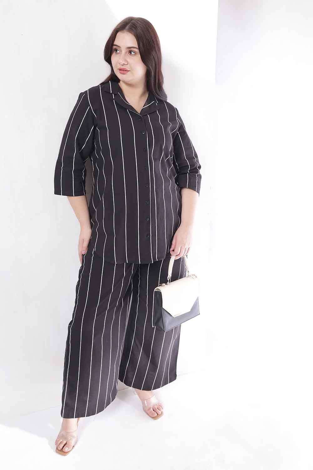 Plus Size Black Vertical Stripe Shirt Coord Set