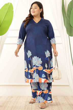 Plus Size Blue Floral V Neck Kurta Coord Set