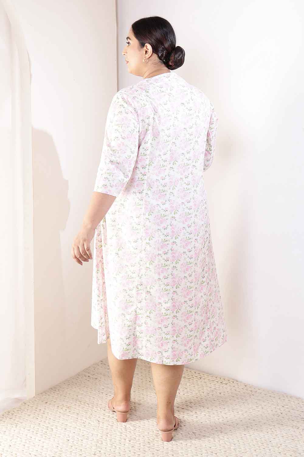 Plus Size Pink Floral Cotton Midi Dress
