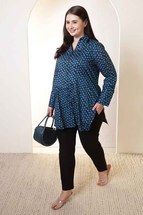 Plus Size Navy & Teal Polka Print High Slit Styled Cuff Cotton Shirt