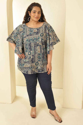 Plus Size Blue Ethnic Print Flared Sleeve Rayon Muslin Top