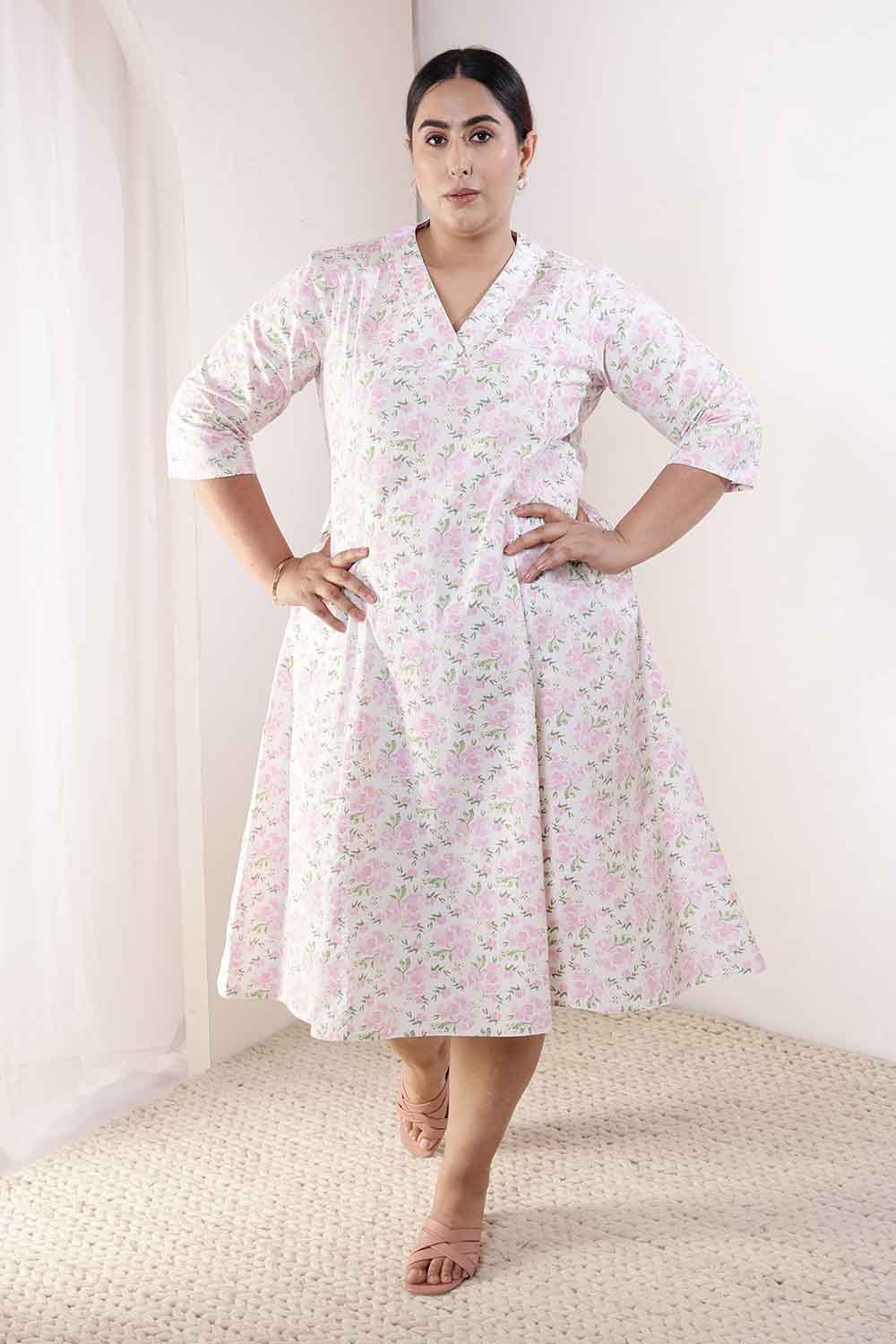 Plus Size Pink Floral Cotton Midi Dress for Women
