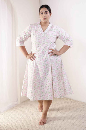 Plus Size Pink Floral Cotton Midi Dress