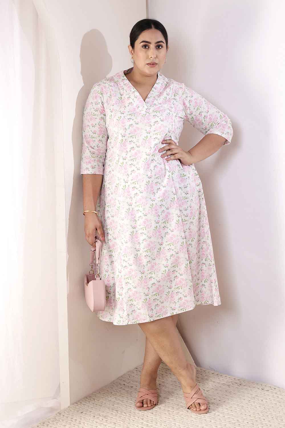 Plus Size Plus Size Pink Floral Cotton Midi Dress