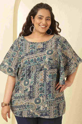 Plus Size Blue Ethnic Print Flared Sleeve Rayon Muslin Top
